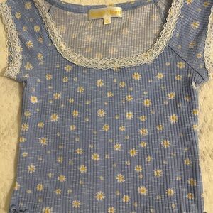 Gray and Yellow Ribbed Blouse with Scoop Neckline